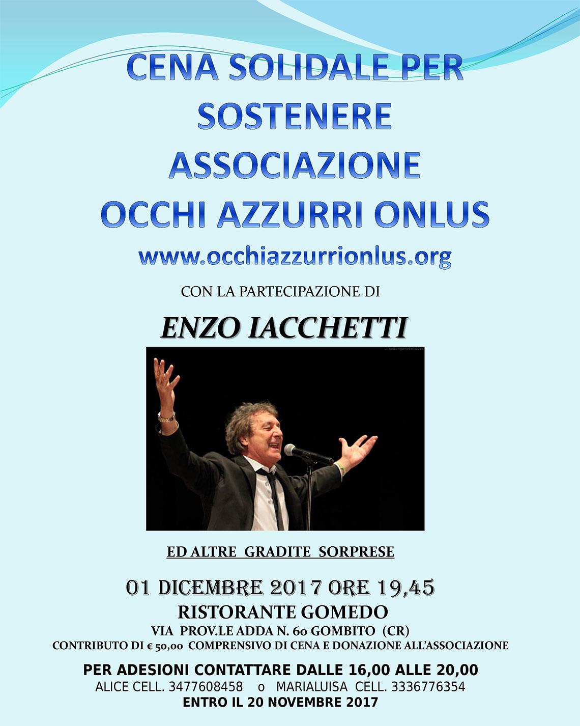 01 dicembre: Cena solidale per sostenere l'associazione Occhi Azzurri Onlus